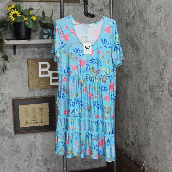 NWT White Mark Plus Size Floral Short Sleeve Knee Length Dress PS327 1XL Blue - Picture 2 of 5